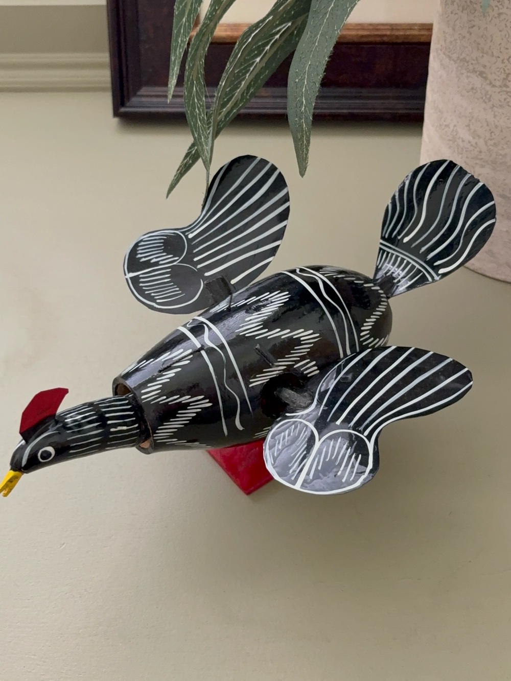 Hand-Painted Folk Art Black & White Bird Sculpture